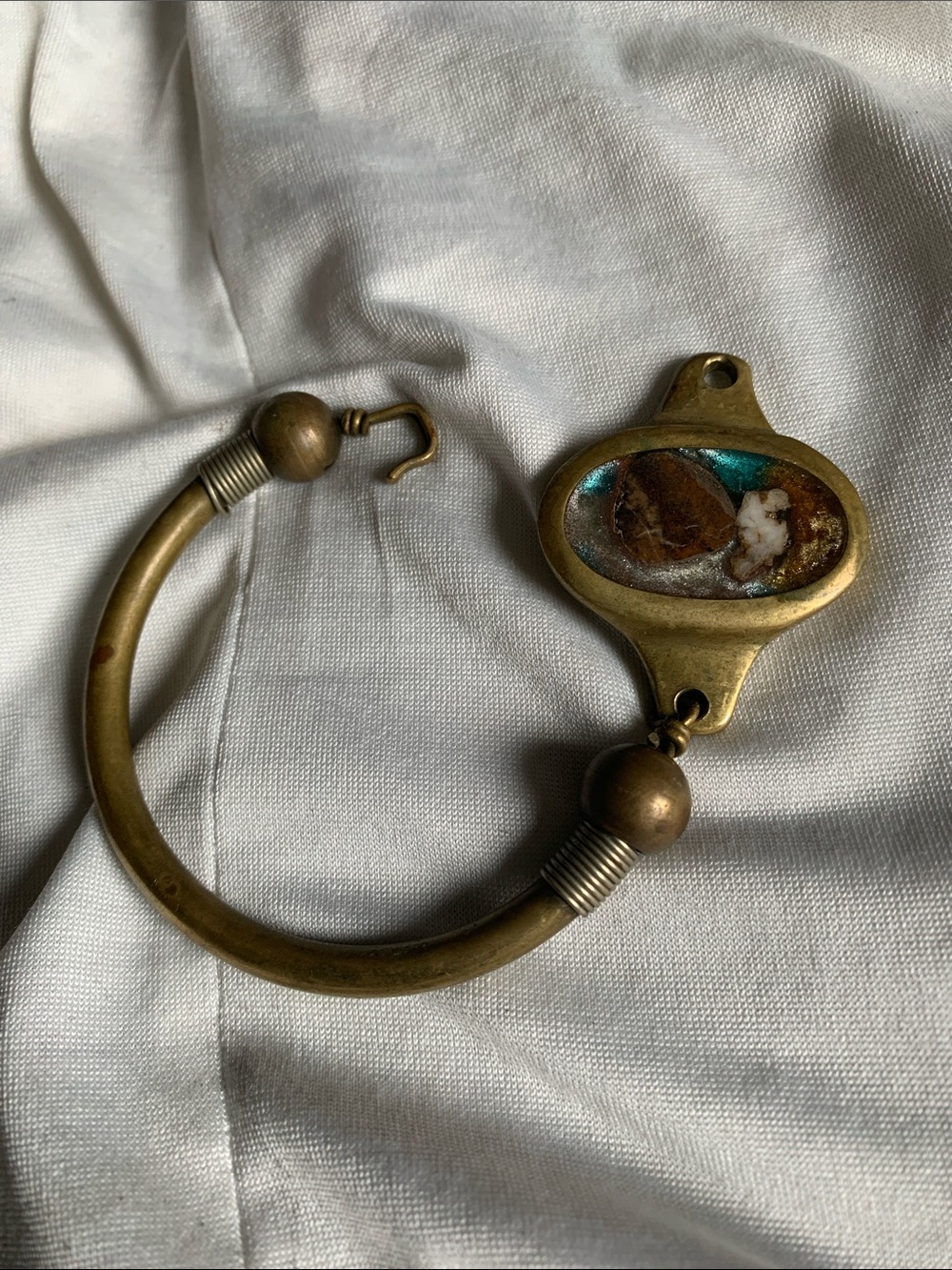 Brass Oval Inlay Bangle Bracelet in Turquoise and Brown